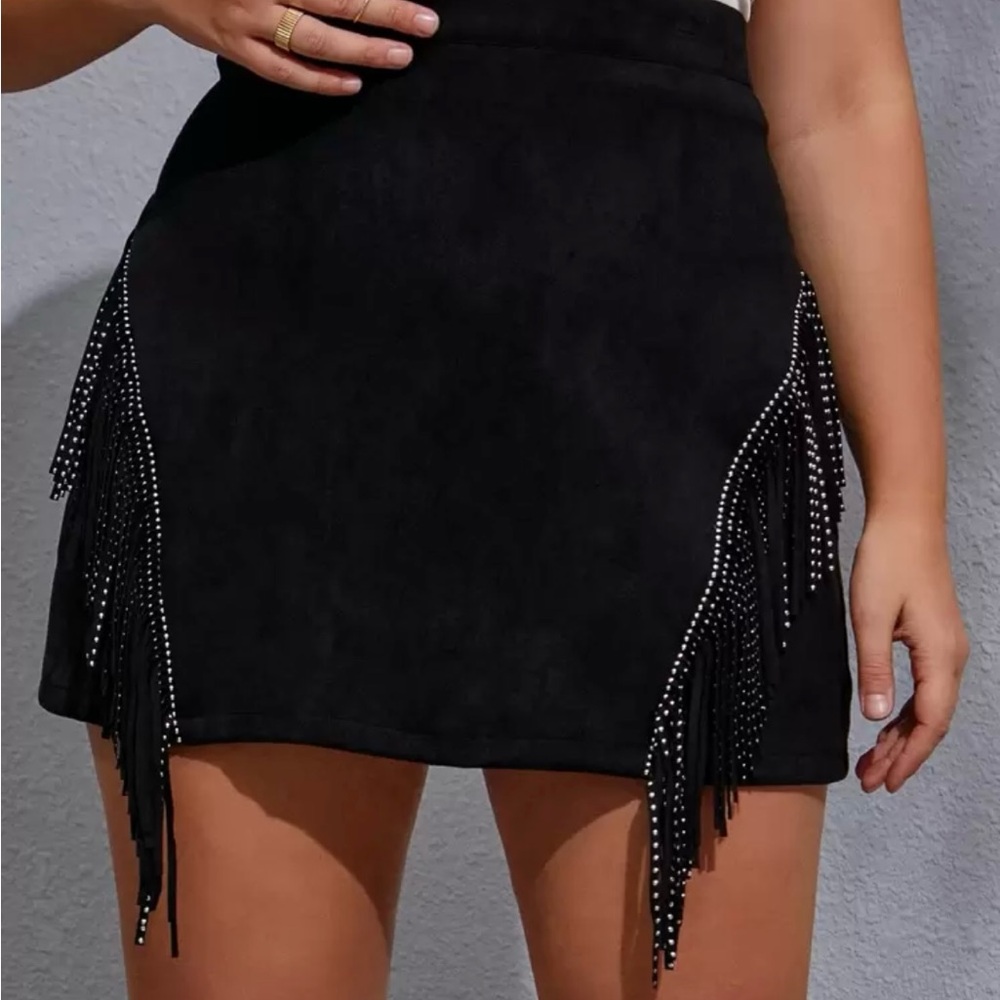 Black Rhinestone Fringe Mini Skirt